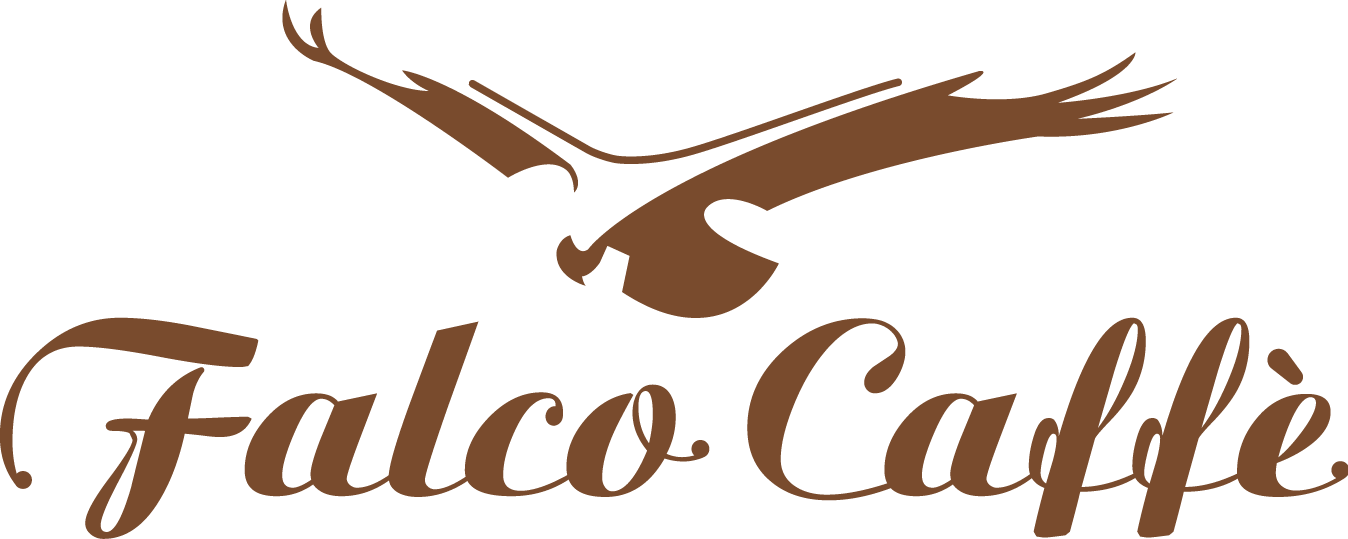 Bruin logo van Falco Caffè met een vliegende arend boven het sierlijke woordmerk "Falco Caffè".
